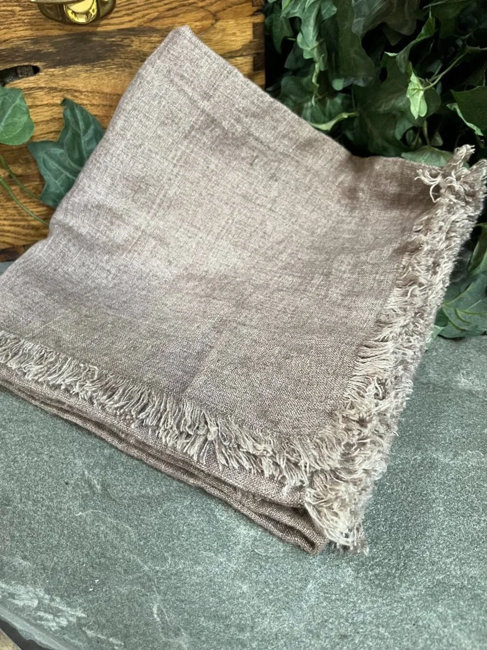 Pottery Barn Frayed Linen Table Throw FLAX Tablecloth Fringed Edge 50x50 NWOT